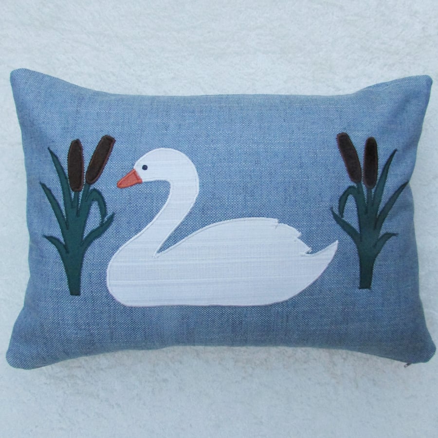 Swan and bulrushes applique cushion
