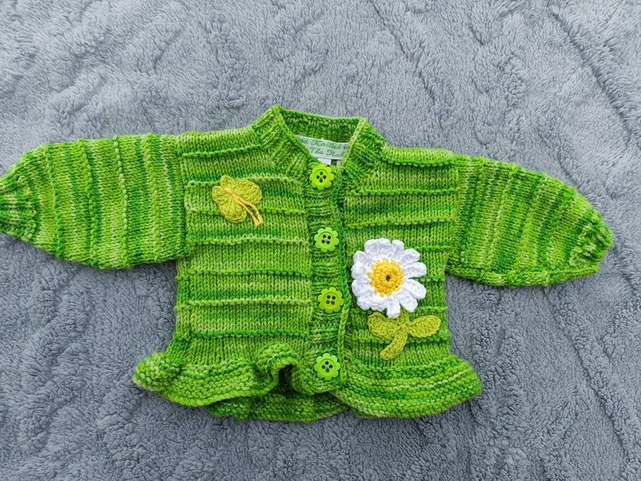 Green Hand Knitted childrens cardigan age 0-3 months 