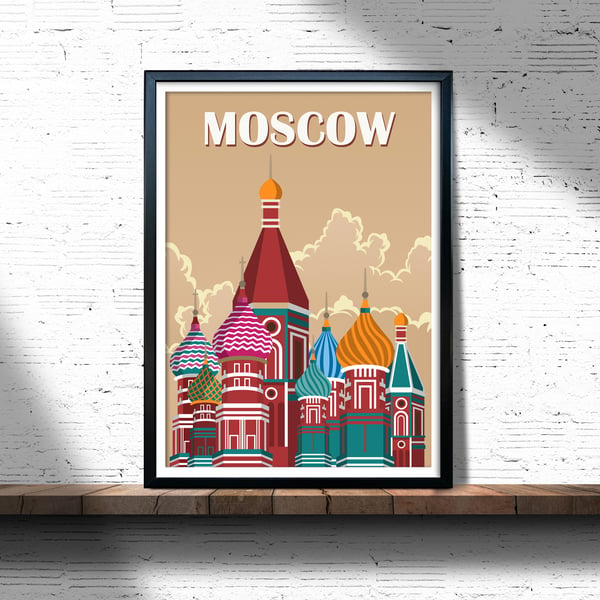 Moscow retro travel poster, Moscow city print, Russia travel poster