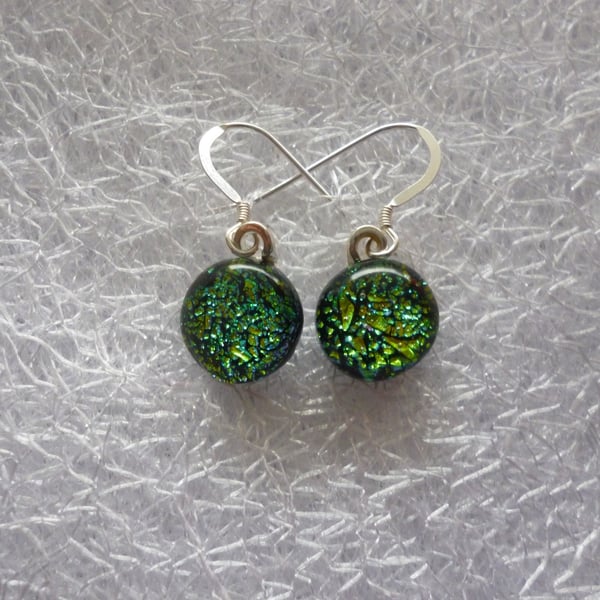 Bright Green Drop Dichroic Glass Earrings