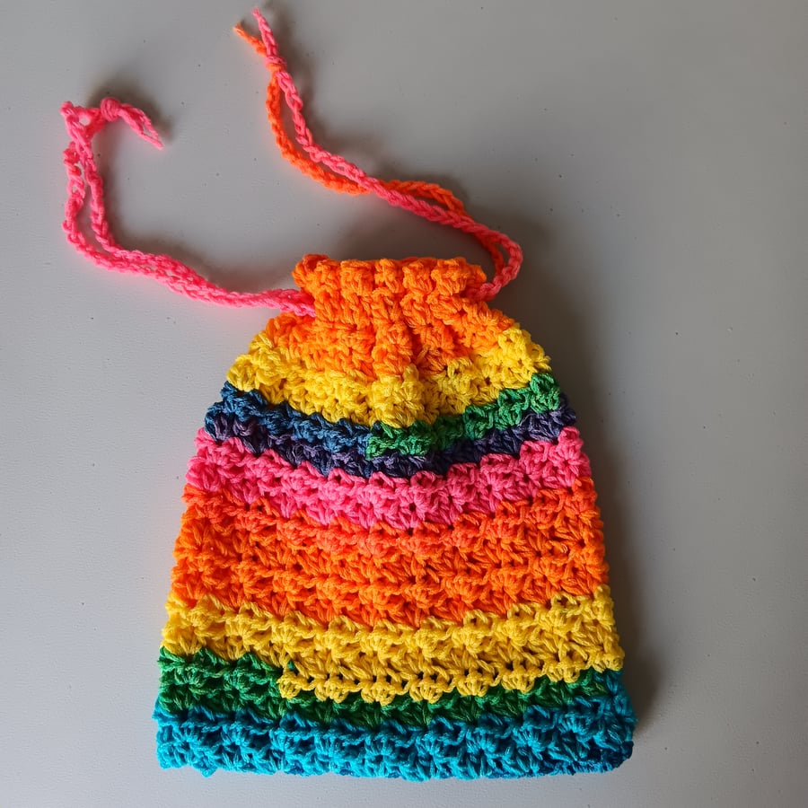 Crochet Drawstring Bag Rainbow One - pretty and practical