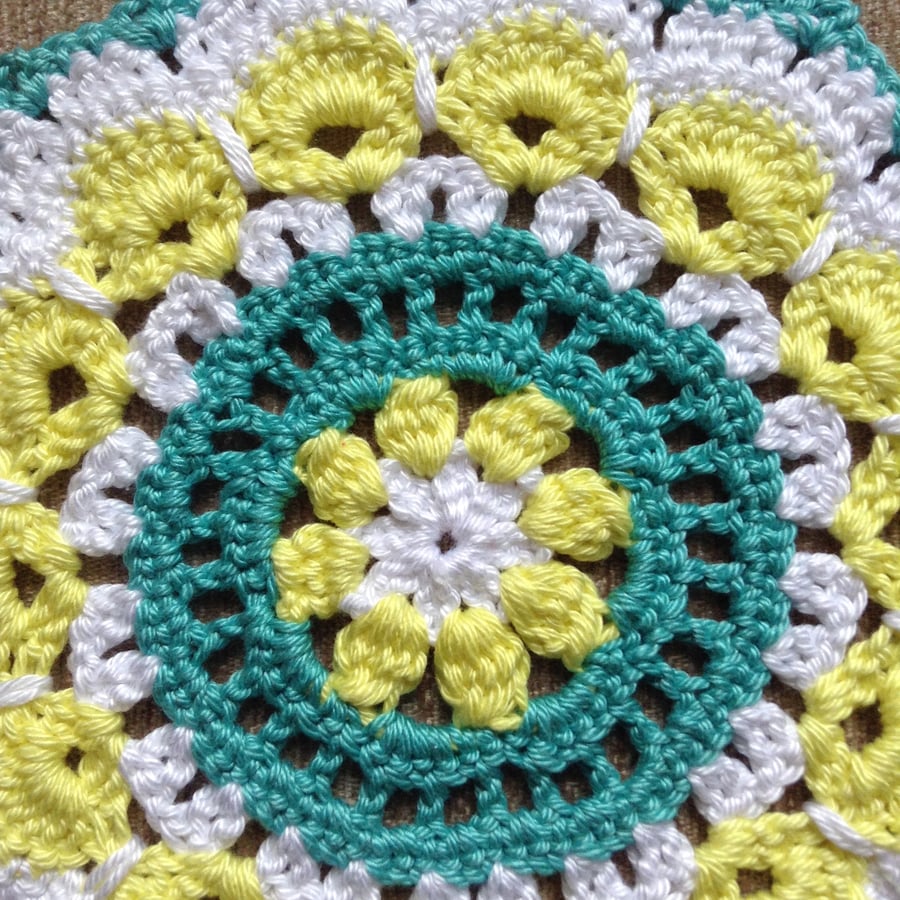 Crochet Mandala Doily Table Mat  in White,Yellow and Turquoise