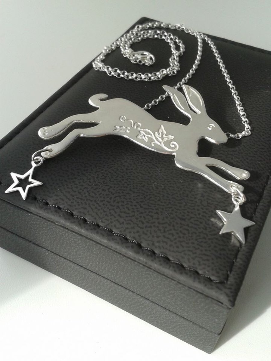 Leaping silver hare pendant