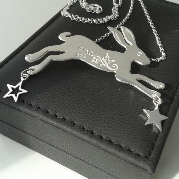 Leaping silver hare pendant