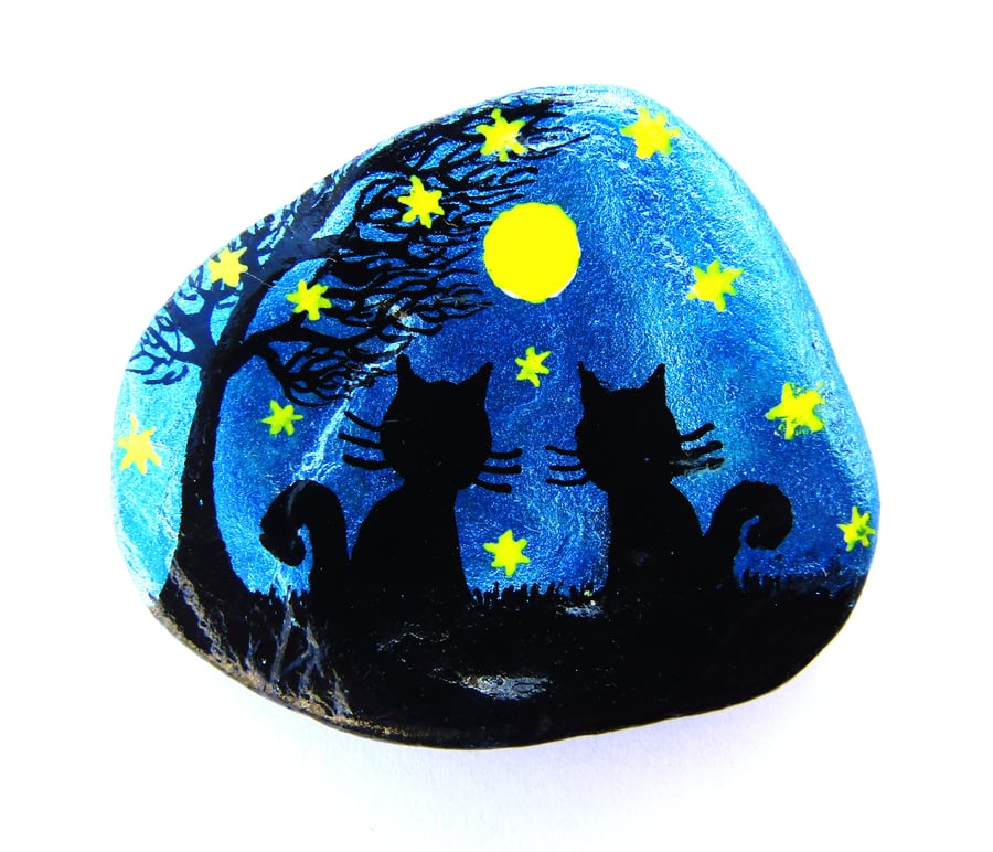Cat Painted Shell, Two Black Cats Tree Stars, Art Magnet, Small Love Gift