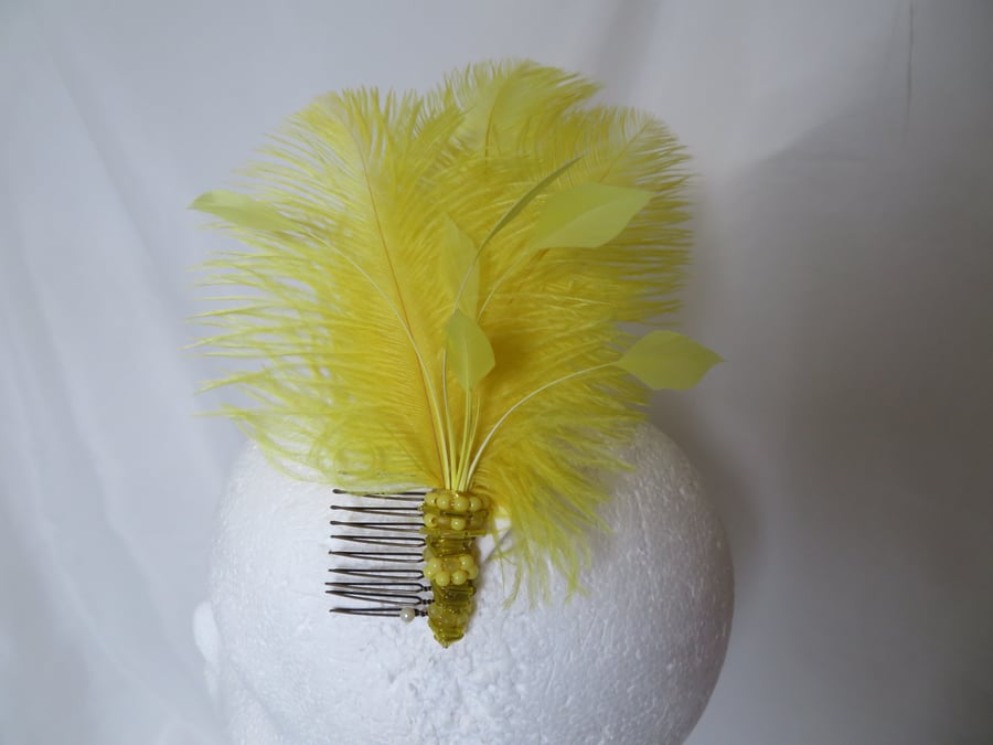 Bright Yellow Ostrich Feather Beaded Regency Vintage Bridgerton Style Hair Comb 