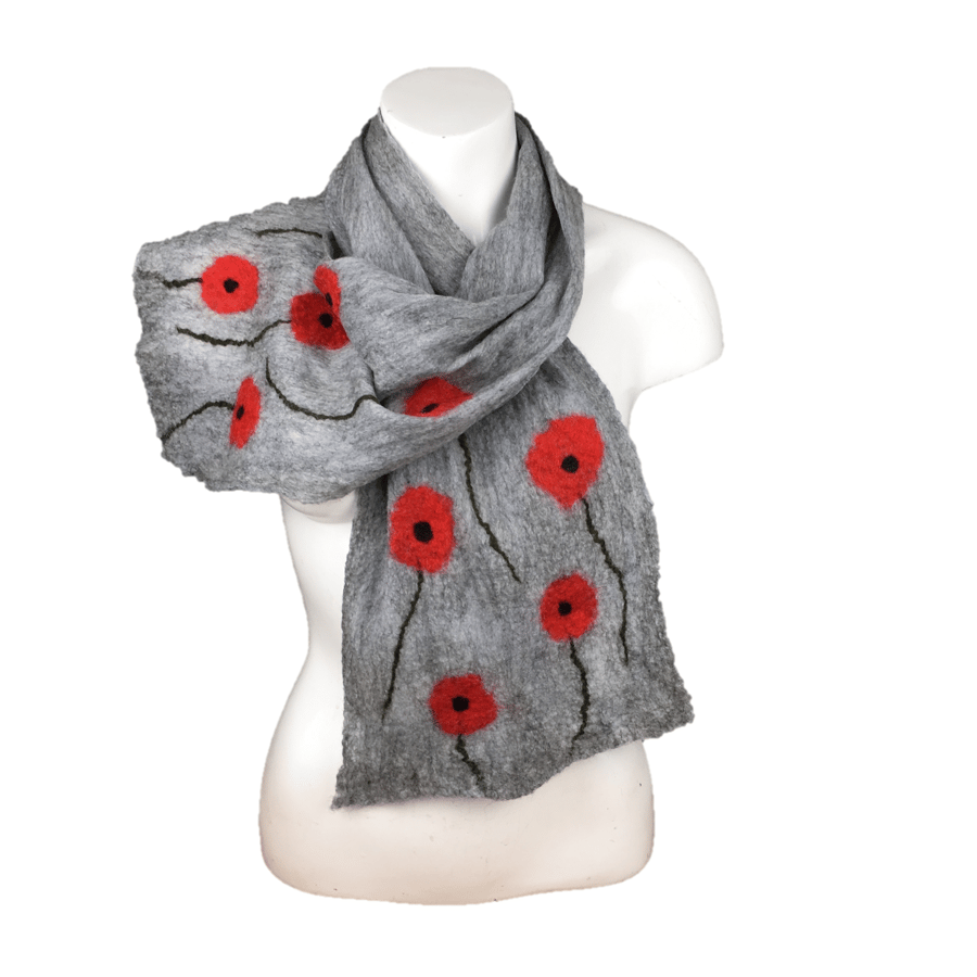 Grey scarf with poppy design, merino wool nuno felted on silk