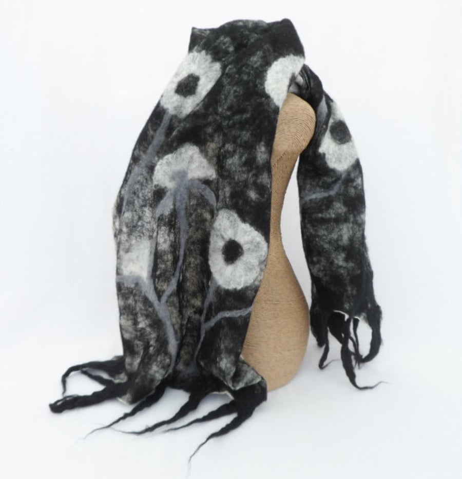 Nuno felt scarf, wool on silk, black with white poppies