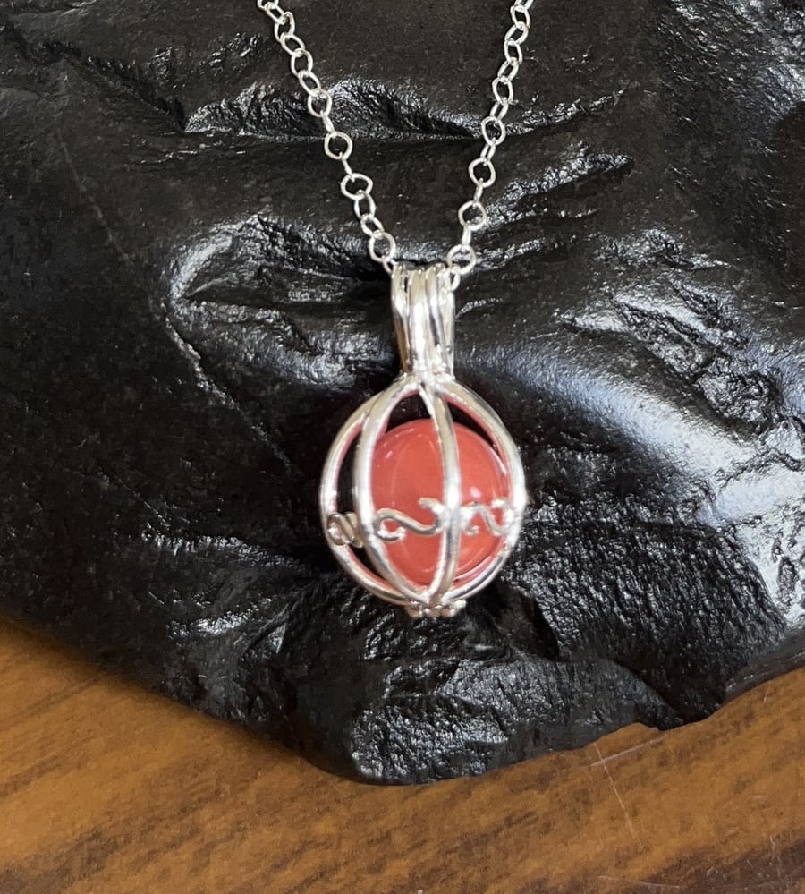 Handmade in the UK - Solid Sterling Silver Cage Pendant & Chain - Containing Gem