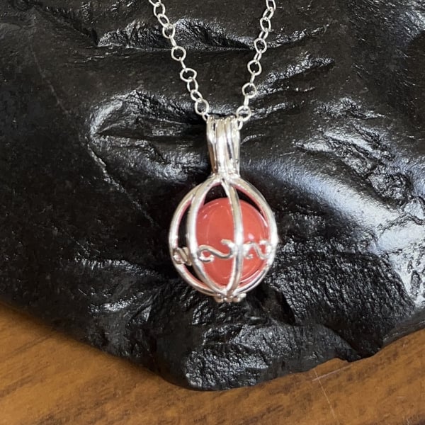 Handmade in the UK - Solid Sterling Silver Cage Pendant & Chain - Containing Gem