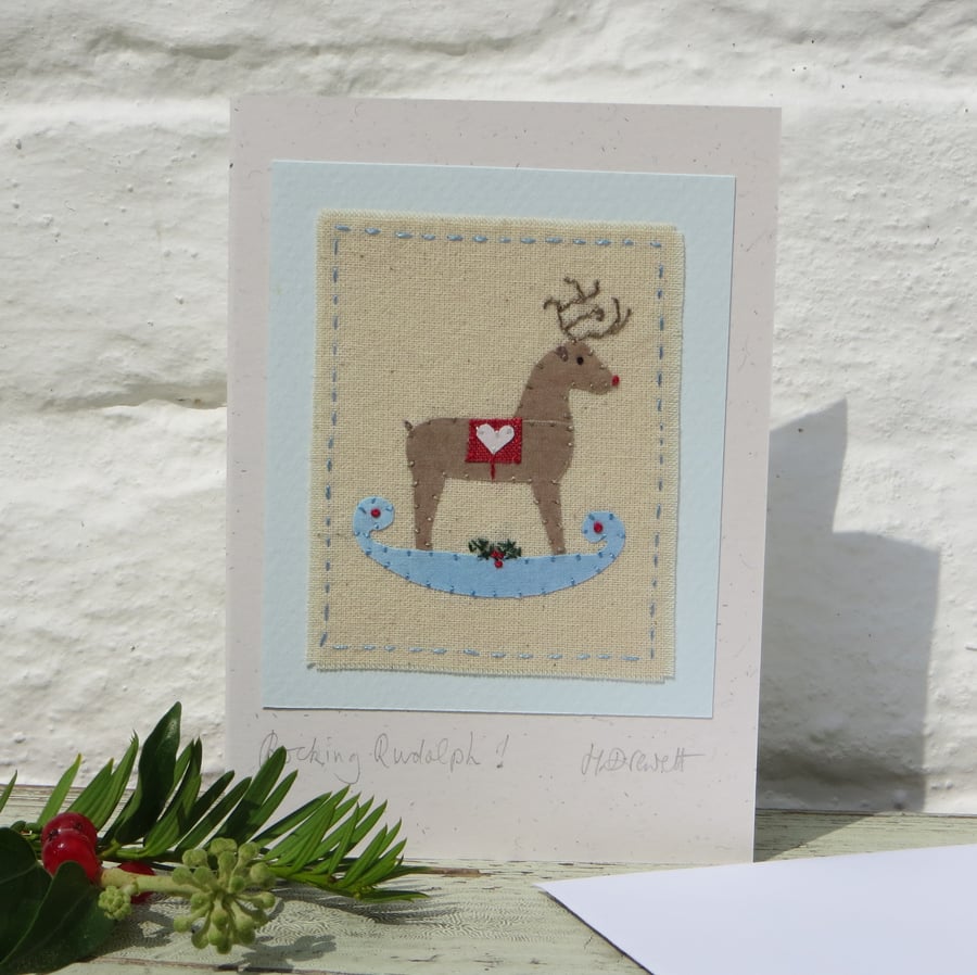 Rocking Rudolph! hand-stitched miniature textile on Christmas card