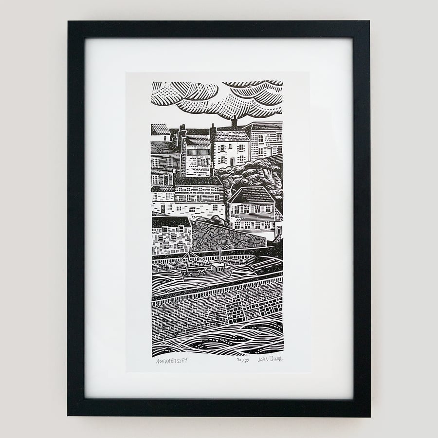 "Mevagissey" linocut print, framed