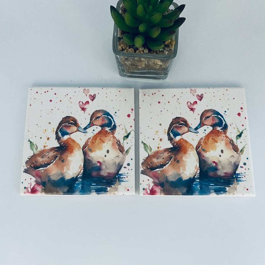 Ducks, set of 2 wooden coasters, Decoupage square drinks mats