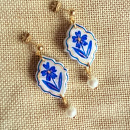 ELENA - Blue Floral Small Tile Pearl dangle earrings