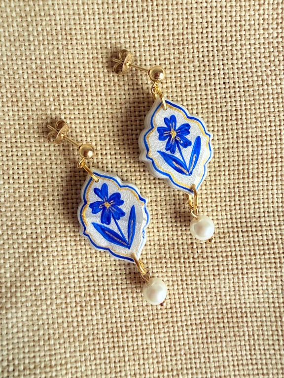 ELENA - Blue Floral Small Tile Pearl dangle earrings