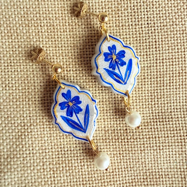 ELENA - Blue Floral Small Tile Pearl dangle earrings
