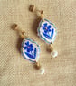 ELENA - Blue Floral Small Tile Pearl dangle earrings