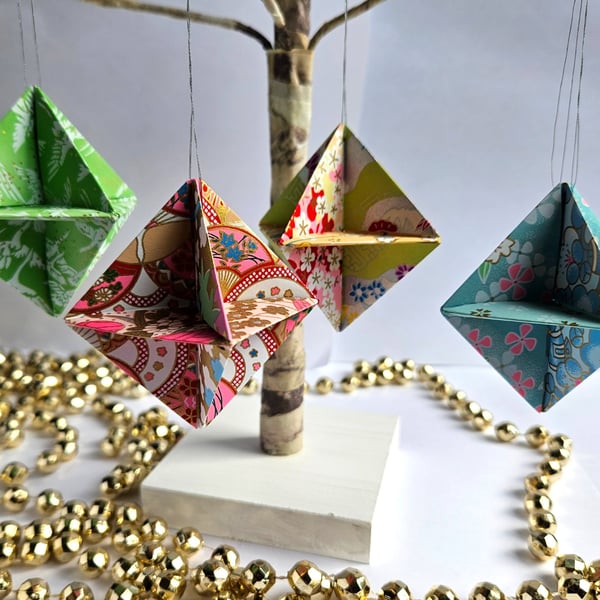 Set of 4 Origami Christmas Decorations - Pastels and Gold
