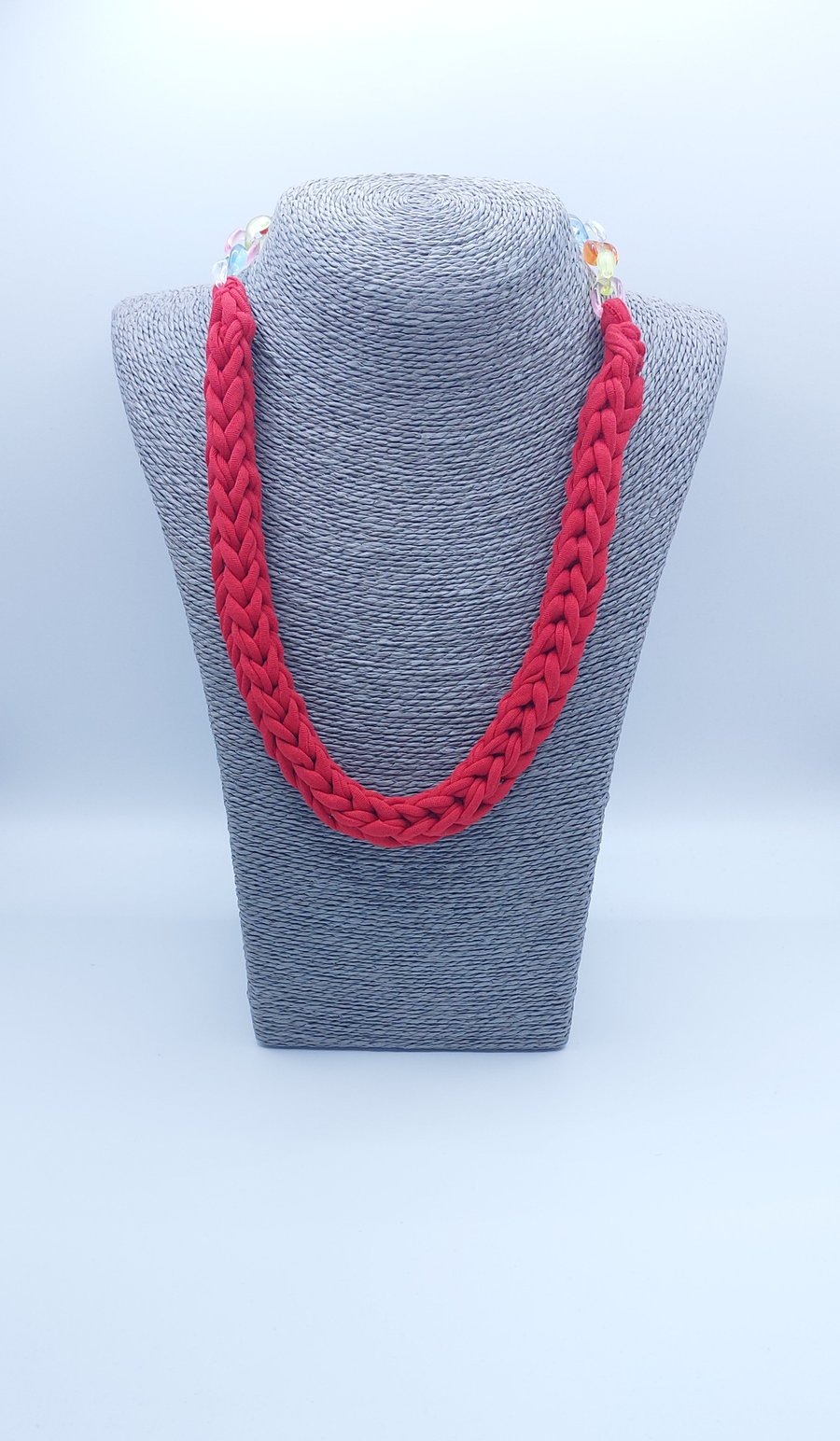 Bright red t-shirt yarn knitted necklace coloured chain