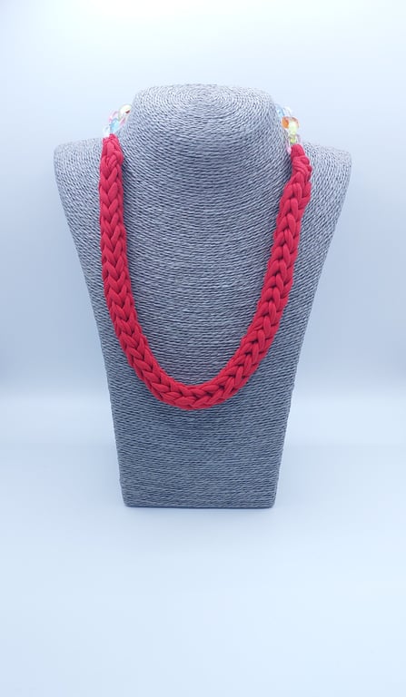 Bright red t-shirt yarn knitted necklace coloured chain