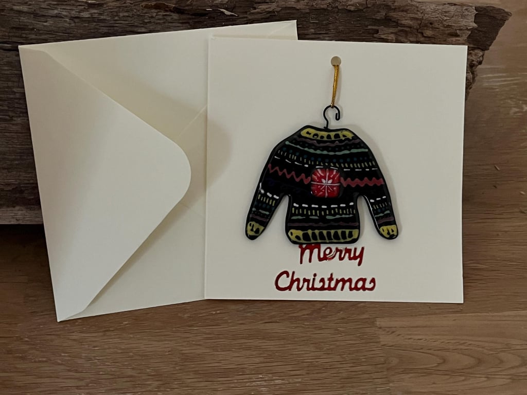 Handmade Detachable Keepsake, Fused Glass Festive Jumper Christmas Card