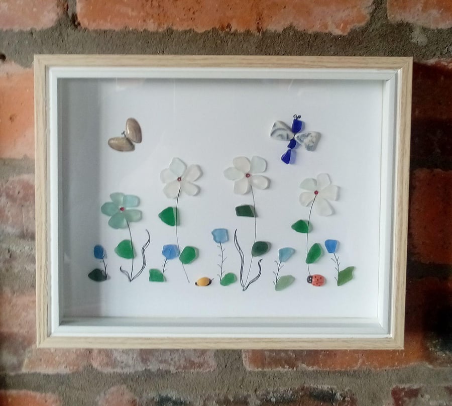 Framed seaglass flower meadow made from Scottish sea glass