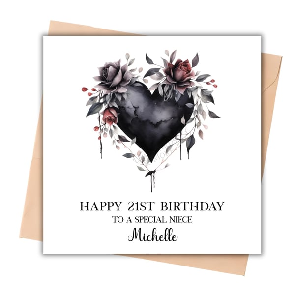Floral Black Heart Happy Birthday Card