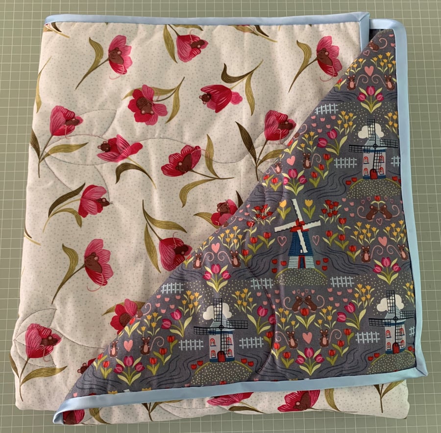 Quilt Double sided Tulip Fields small Quilt with windmills, mice, and tulips