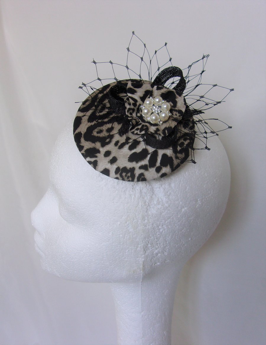 Snow Leopard Print Cocktail Percher Hat Fascinator in Black Cream & Beige