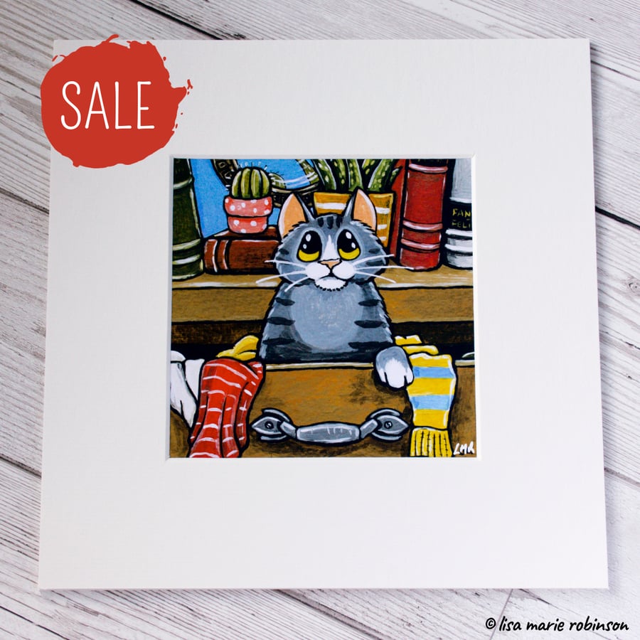 SALE - Tabby Cat in a Messy Drawer Mounted Print