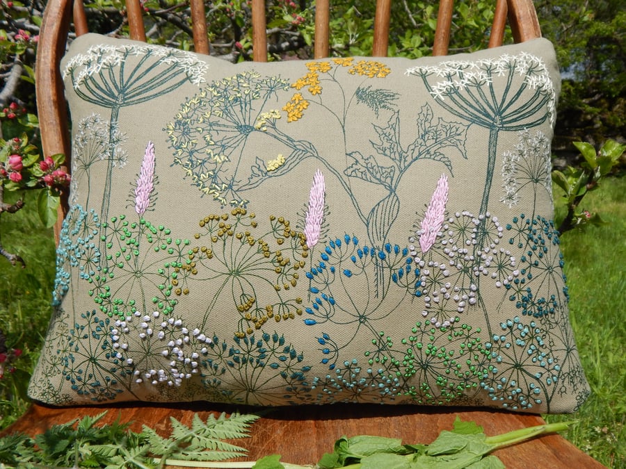 Hedgerow Cushion - Screen printed with hand embroidery