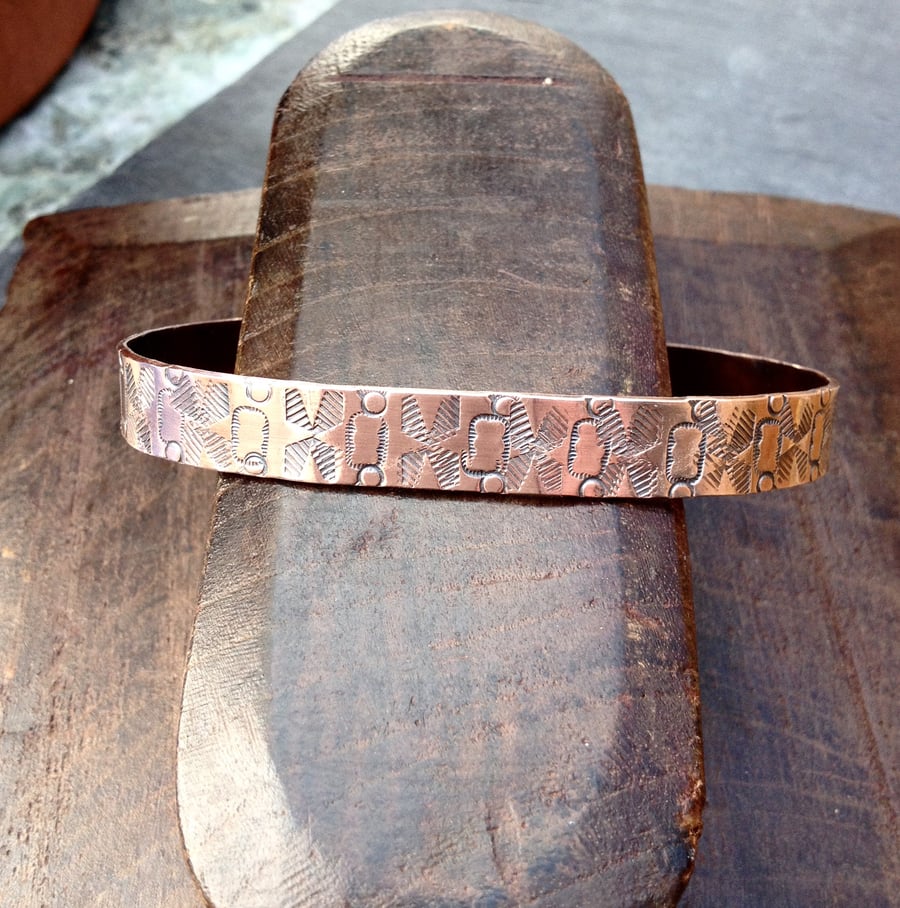 Abstract stamped pure copper bracelet