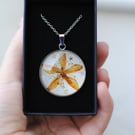 St. John's Wort real dried flower glass pendant sterling silver 925 plated chain