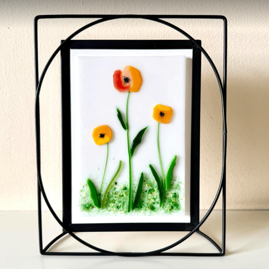 Fused glass framed picture, multicoloured poppies