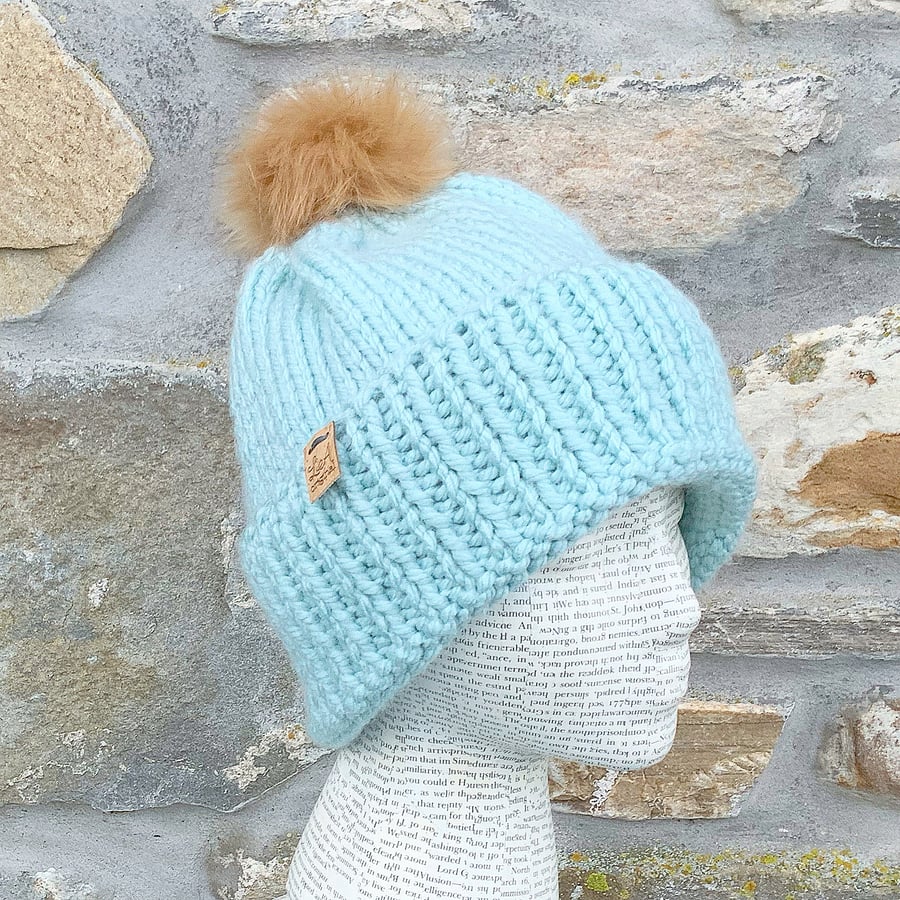 Hand Knitted Hat. Thick Fisherman Style Hat. Chunky Hat. Bobble Hat. Pom-Pom Hat