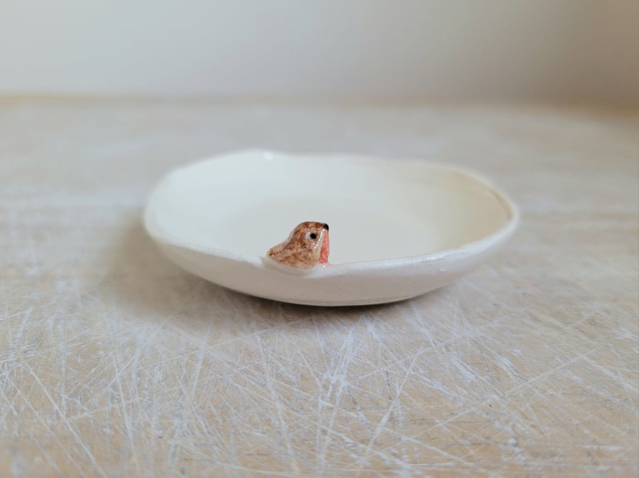 Handmade robin & birdprints tealight pottery candle holder with tiny bird 