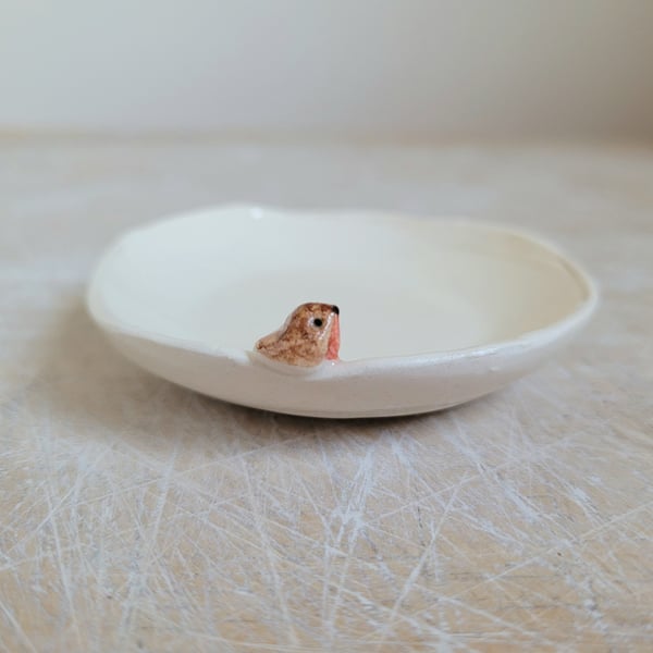 Handmade robin & birdprints tealight pottery candle holder with tiny bird 