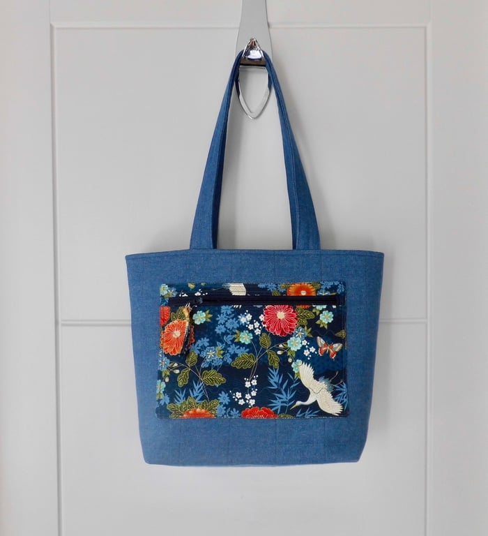 Tote bag and purse set denim and Japanese style print project bag long handles 