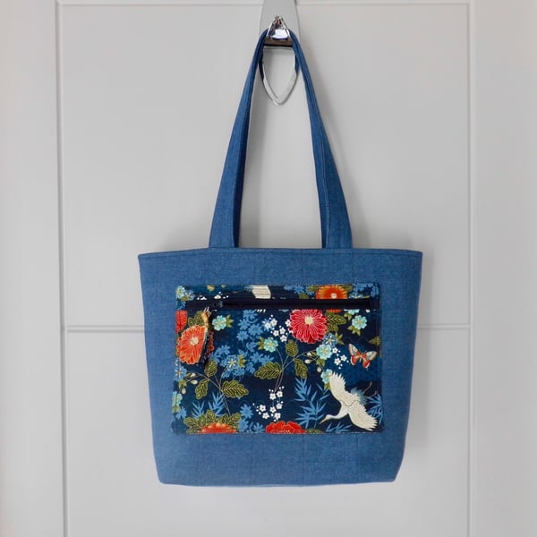 Tote bag and purse set denim and Japanese style print project bag long handles 