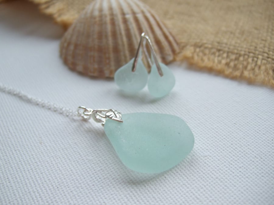 Sea glass jewellery set, necklace and earrings set beach glass, sea foam beach