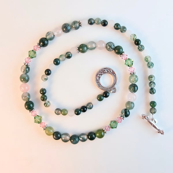 Moss Agate, Rose Quartz And Swarovski Crystal Necklace - Handmade In Devon.