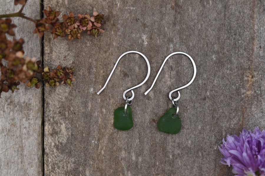 Scottish Sea Glass and Recycled Sterling Silver Everyday Earrings, Green