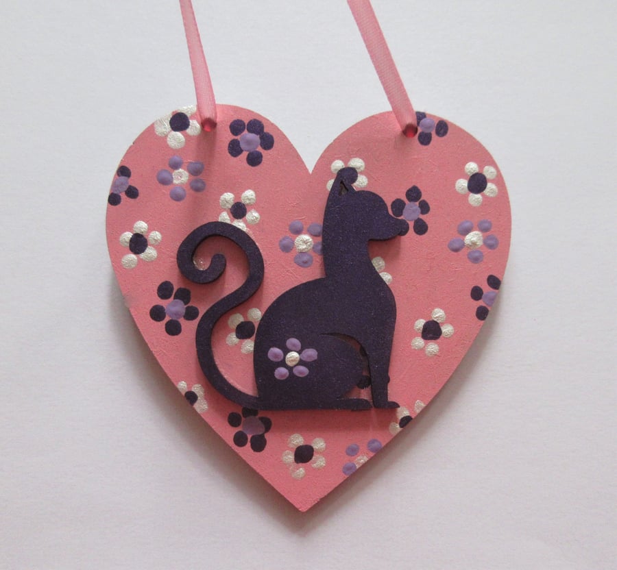 Cat Hanging Heart Decoration Hand Painted Ditsy Flowers