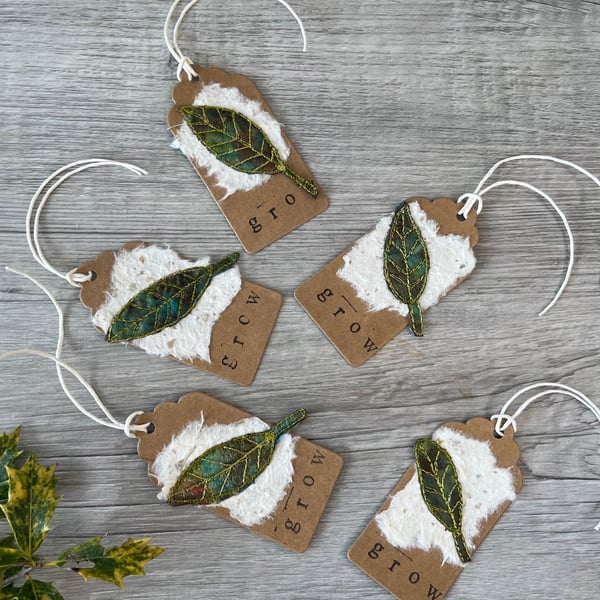  Five Embroidered Grow Leaf Gift Tags 