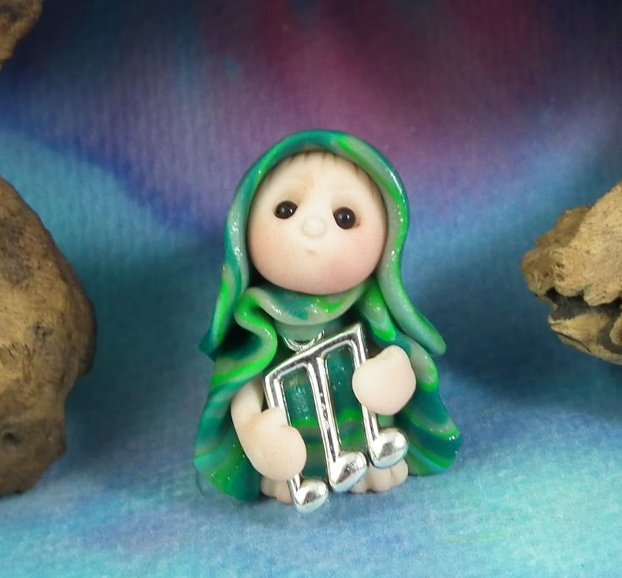 Tiny Musical Gnome 'Minim' with silver notes OOAK Sculpt by Ann Galvin
