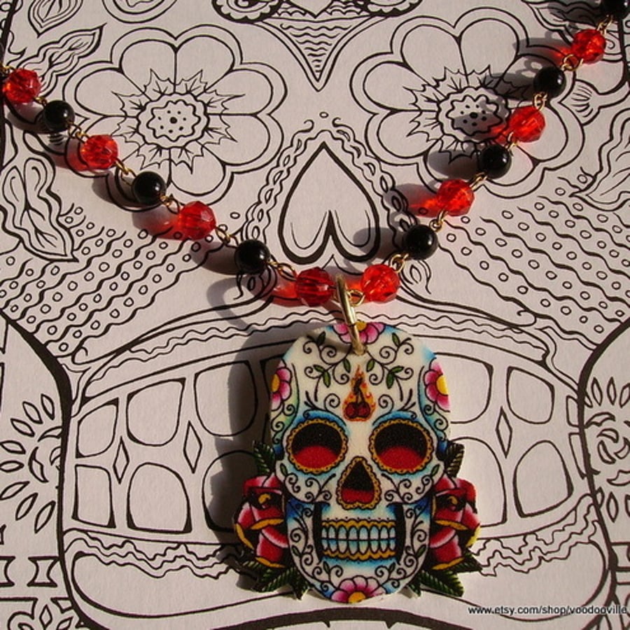 Mexican day of the dead skull and rosary bead necklace