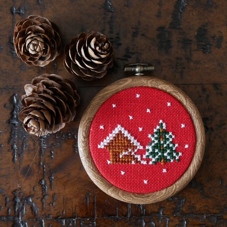 Snowy Ski Chalet Cross Stitch Christmas Ornament – Red 3" Hoop Decoration
