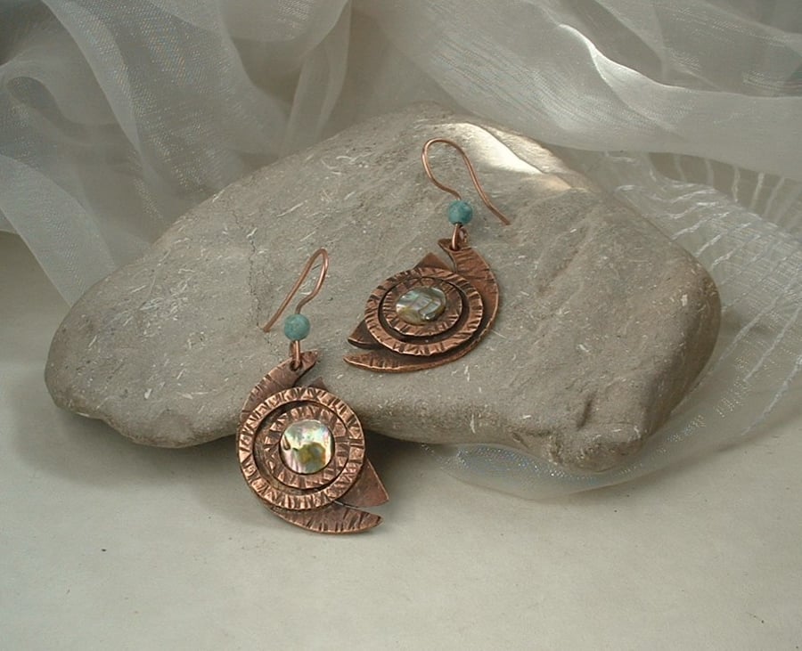 "Lunar Phases" Rustic Copper Earrings with Mother of Pearl