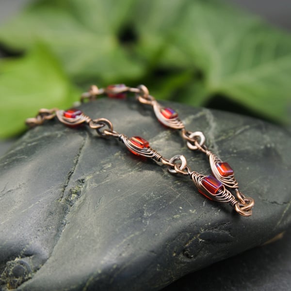 Herringbone Wire Weave Chain Bracelet with Red AB Glass Cube Beads