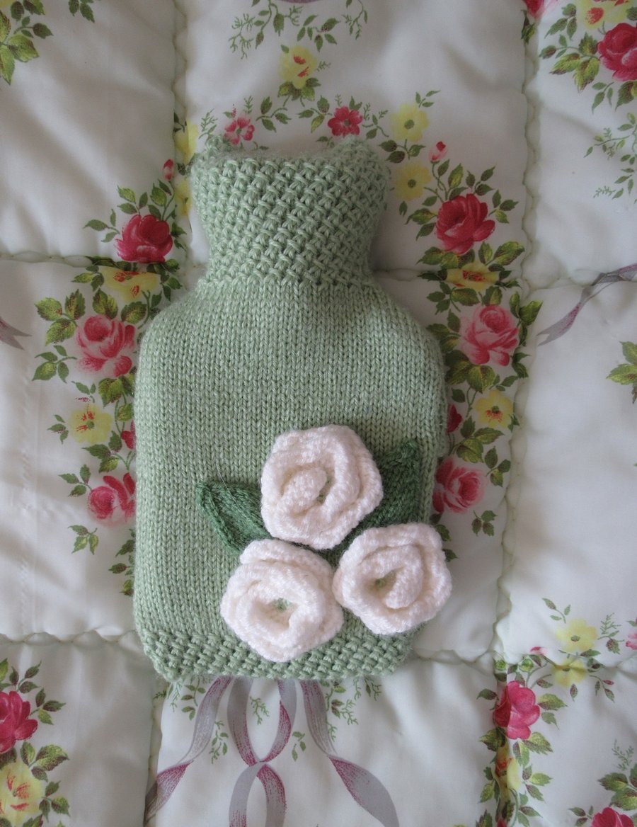 Hot water bottle cover - knitted green with roses